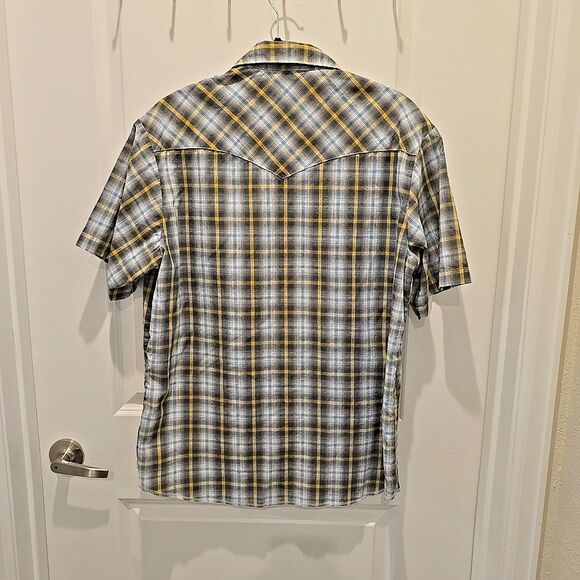 Wrangler Pearl Snap Western Shirt Mens L Blue White Yellow Plaid Short Sleeve - Picture 5 of 7